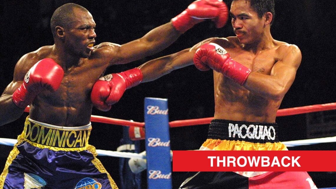 Image of Manny Pacquiao fighting Agapito Sánchez with throwback label.