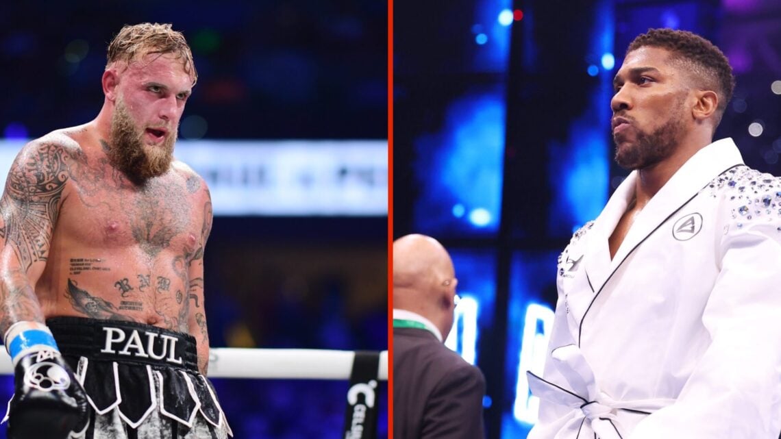 Split image of Jake Paul and Anthony Joshua both in ring prior to fights.
