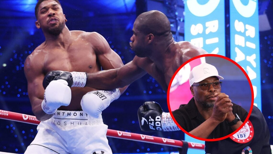 Anthony Joshua recoils after being struck with a straight right from Dubois with inset of Don Charles clasping his hands at the Dubois Usyk 2 press...