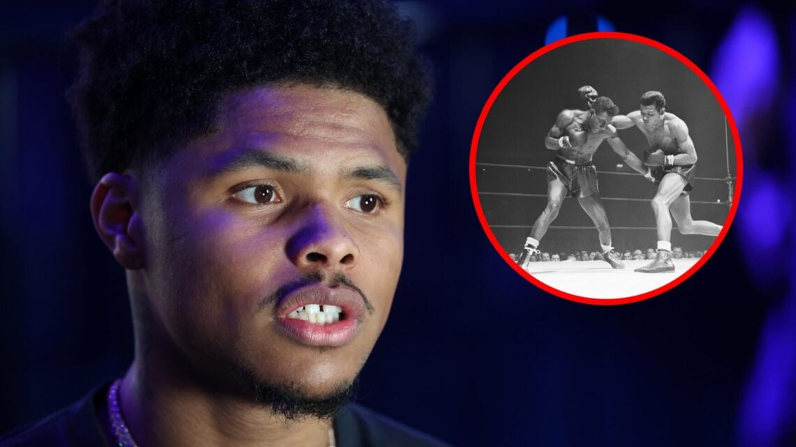 Close-up of Shakur Stevenson during an interview with inset of Tommy Bell ducking under a right hook from Sugar Ray Robinson