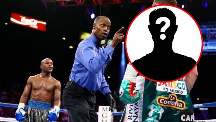 Floyd Mayweather facing off against Canelo with referee in between them in their boxing match with inset of mystery silhouette