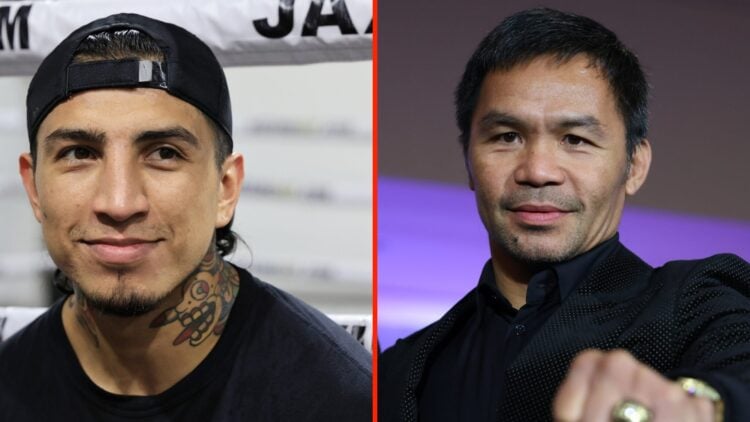 Mario Barrios is interviewed after working out at Pound 4 Pound Gym and Manny Pacquiao poses with his Hall of Fame ring at the Boxing Hall of Fame ...