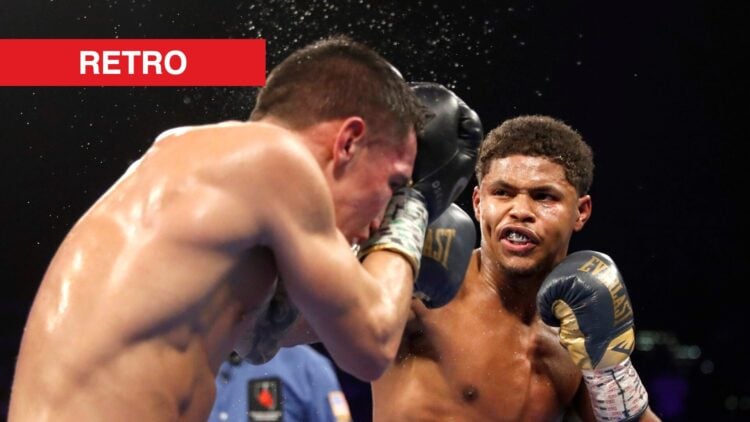 Shakur Stevenson faces a shelled up Oscar Valdez with high guard during their fight