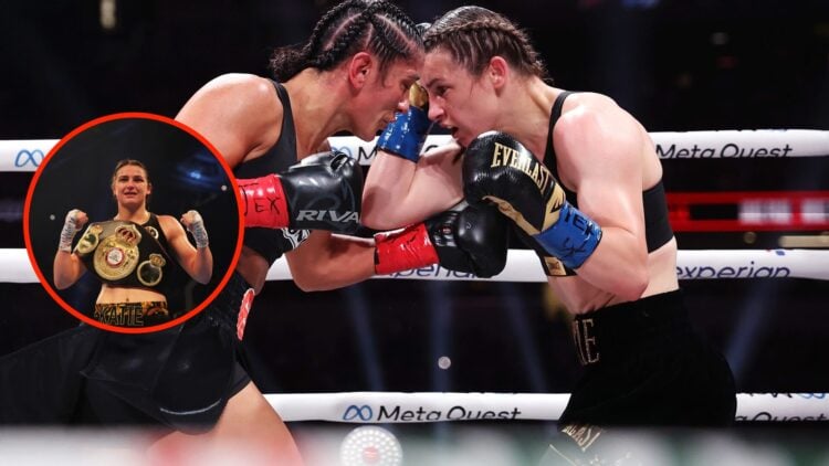 Katie Taylor and Amanda Serrano fighting in the pocket during their rematch with an overlay of Katie Taylor celebraring her victory over Anahi Sanc...