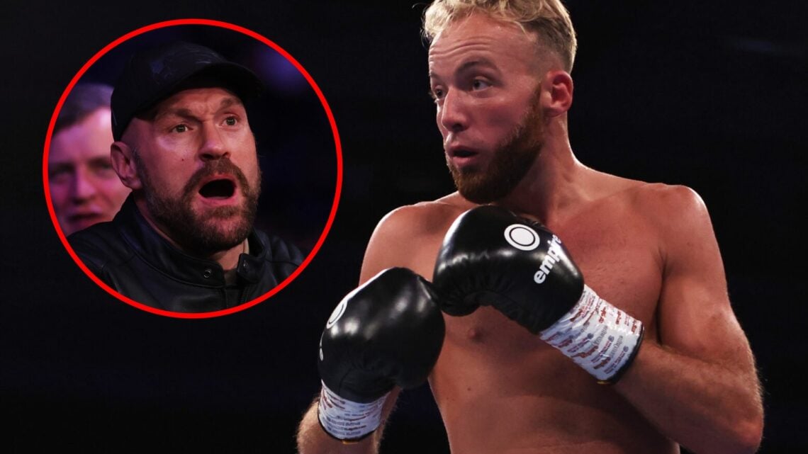 Walter Fury stood in the ring with his hands up against Dale Arrowsmith with inset of Tyson Fury shouting as he watches that fight