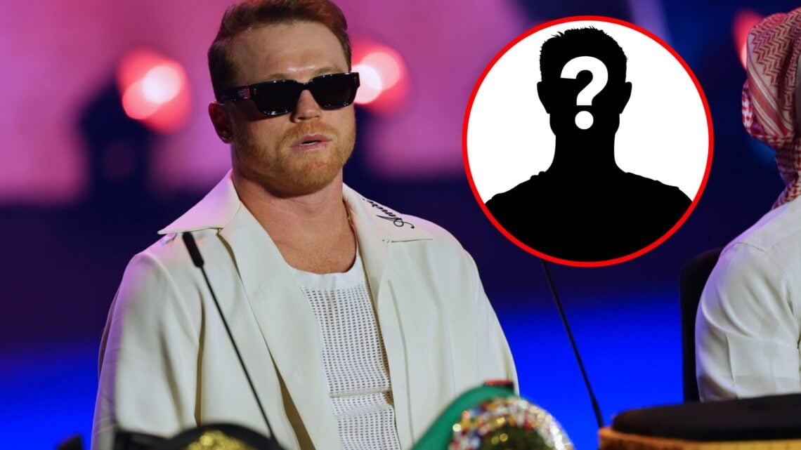 Canelo sat at Terence Crawford press conference behind his belts with sunglasses on with inset of mystery silhouette