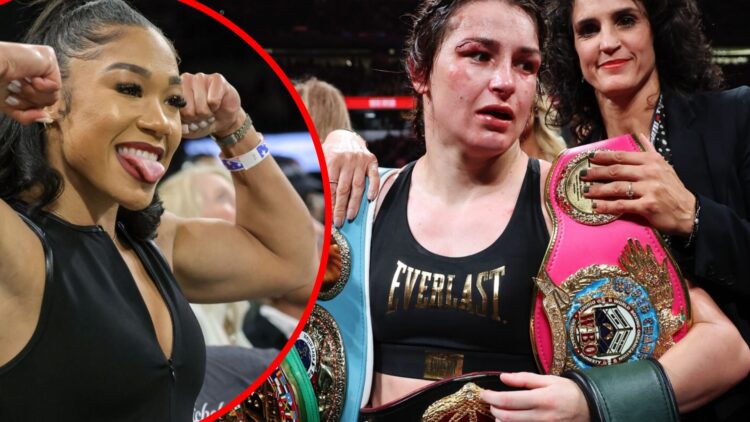 Katie Taylor holding her belts after beating Amanda Serrano for the second time with inset of Alycia Baumgardner poking out her tongue and flexing ...