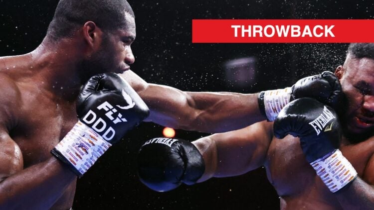 Daniel Dubois lands a straight left on the face of Jarrell Miller who recoils