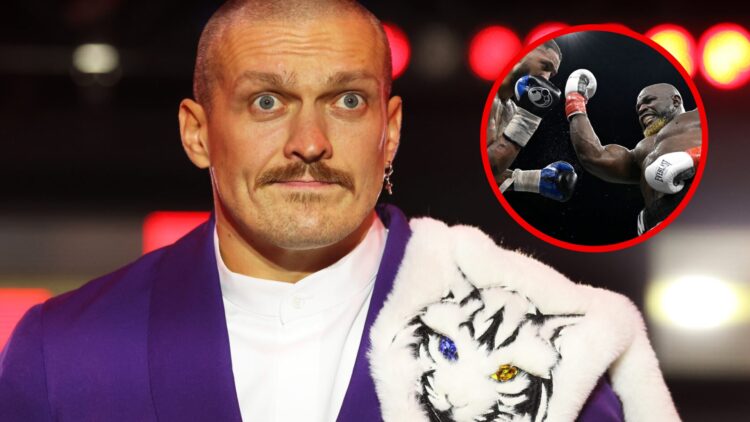 Oleksandr Usyk in purple suit with white tiger fabric or scarf over his shoulder with inset of Carlos Takam throwing an uppercut at Tony Yoka