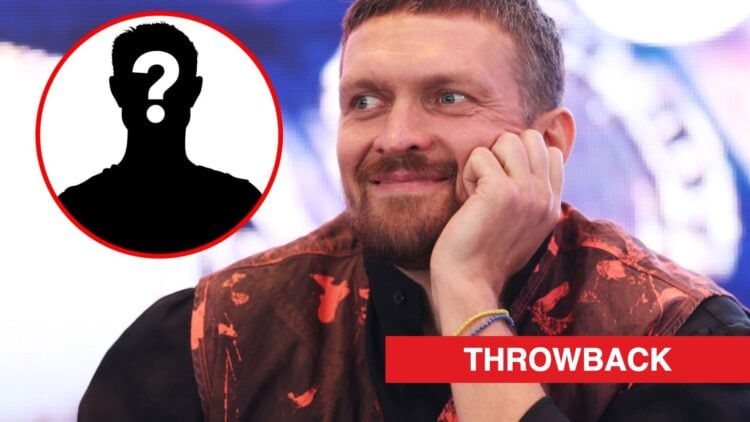 Usyk smirking at Daniel Dubois press conference with inset of mystery silhouette