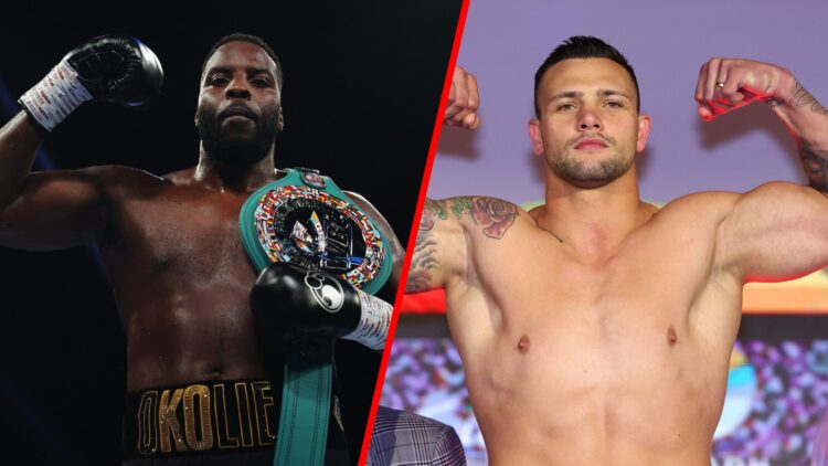 Lawrence Okolie celebrates his heavyweight debut with an arm raised split with Kevin Lerena flexing at a weigh-in