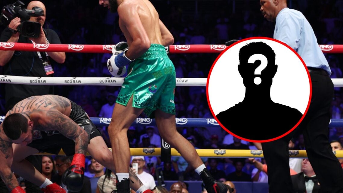 Edgar Berlanga touches down on the canvas after being dropped by Hamzah Sheeraz with inset of mystery silhouette