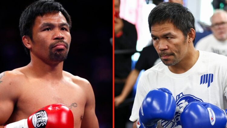 Manny Pacquiao looks at the referee during his fight with Keith Thurman and Manny Pacquiao working out in a public training session before his figh...