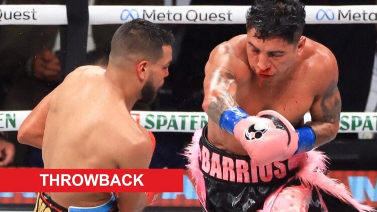 Mario Barrios throws a right hand at Abel Ramos during their fight on the undercard of Jake Paul v Mike Tyson