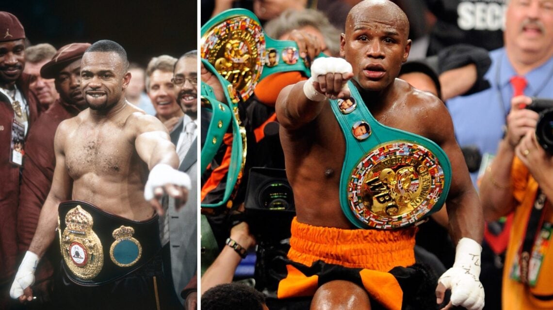 Left: Roy Jones Jr. celebrates his heavyweight title fight win over John Ruiz in March 2003. Right: Floyd Mayweather celebrating his win over Victo...
