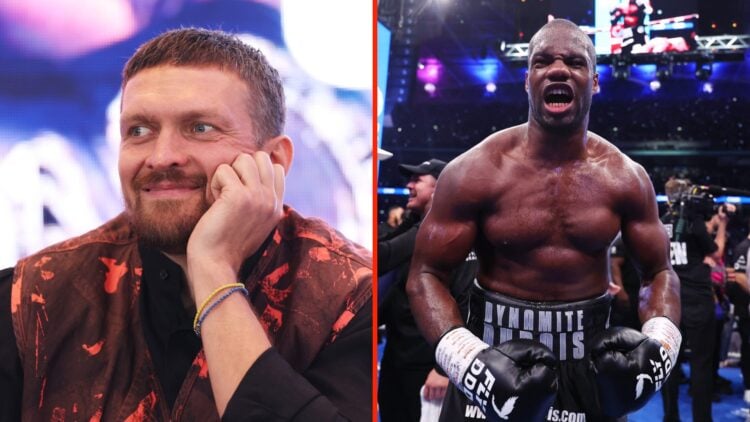 Oleksandr Usyk smirking at press conference for his fight with Daniel Dubois and Daniel Dubois celebrates in the ring after beating Anthony Joshua ...