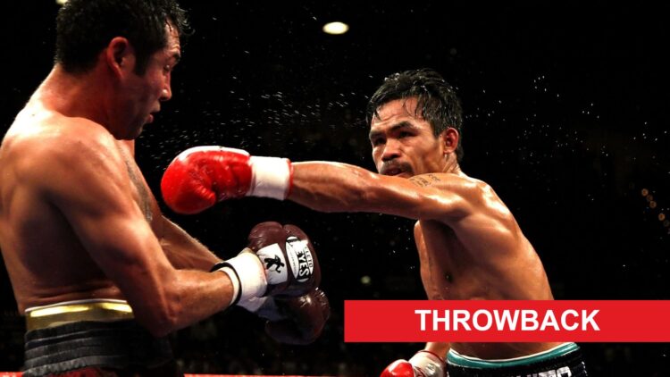 Manny Pacquiao throws a right jab at a tired-looking Oscar De La Hoya during their 2008 "dream match", with a red rectangle labeled "throwback" in ...
