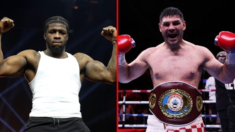 Split image of David Adeleye working out and Filip Hrgovic celebrating