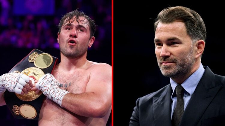 Split image of Dave Allen celebrating and Eddie Hearn in a suit