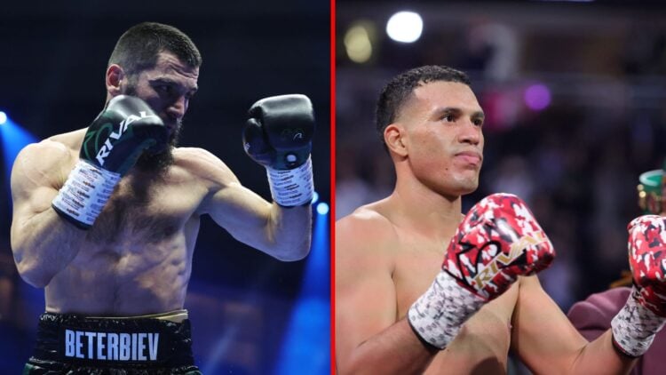 Split image of Artur Beterbiev and David Benavidez with their hands up