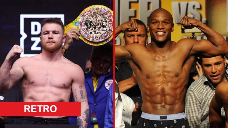 Split image of Canelo Alvarez and Floyd Mayweather weighing in
