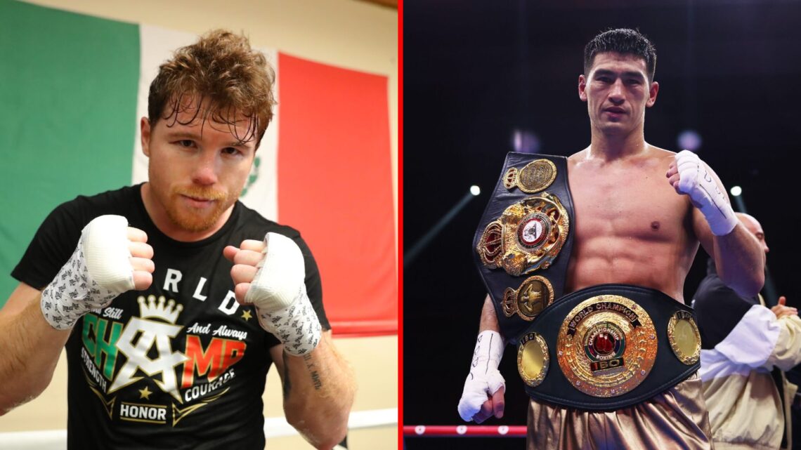 Split image of Canelo Alvarez training and Dmitry Bivol celebrating