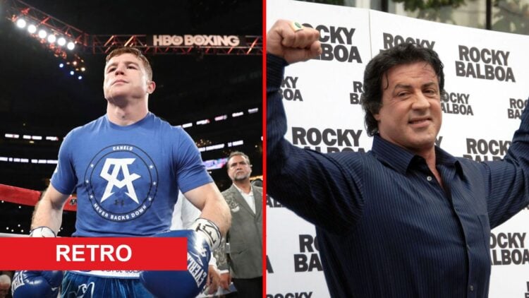 Split image of Canelo Alvarez in the ring and Sylvester Stallone posing with retro label