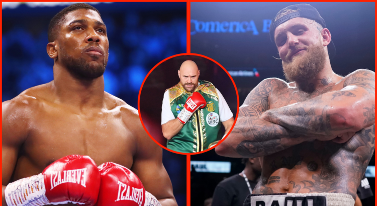 Anthony Joshua enters the ring for his fight with Jermaine Franklin, opposite Jake Paul after defeating Nate Diaz, inset Tyson Fury walking to the ...