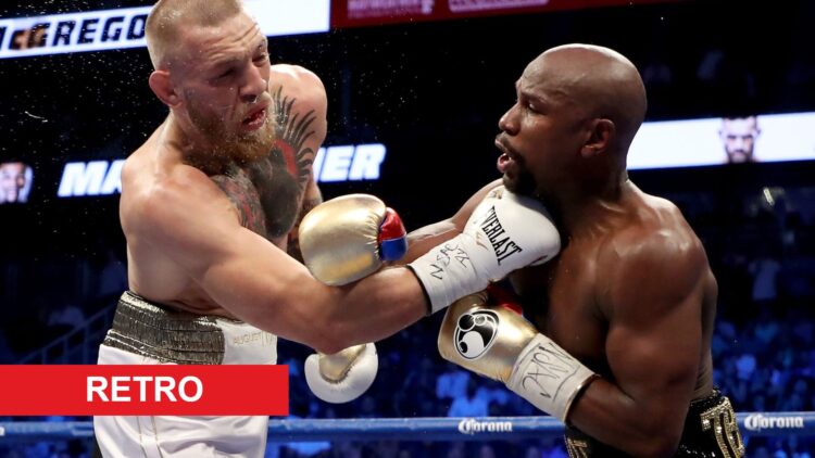 Conor McGregor fighting Floyd Mayweather with retro label