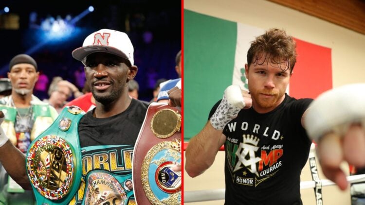 Split image of Terence Crawford celebrating and Canelo Alvarez training