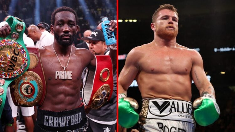 Split image of Terence Crawford with belts and Canelo Alvarez during a fight