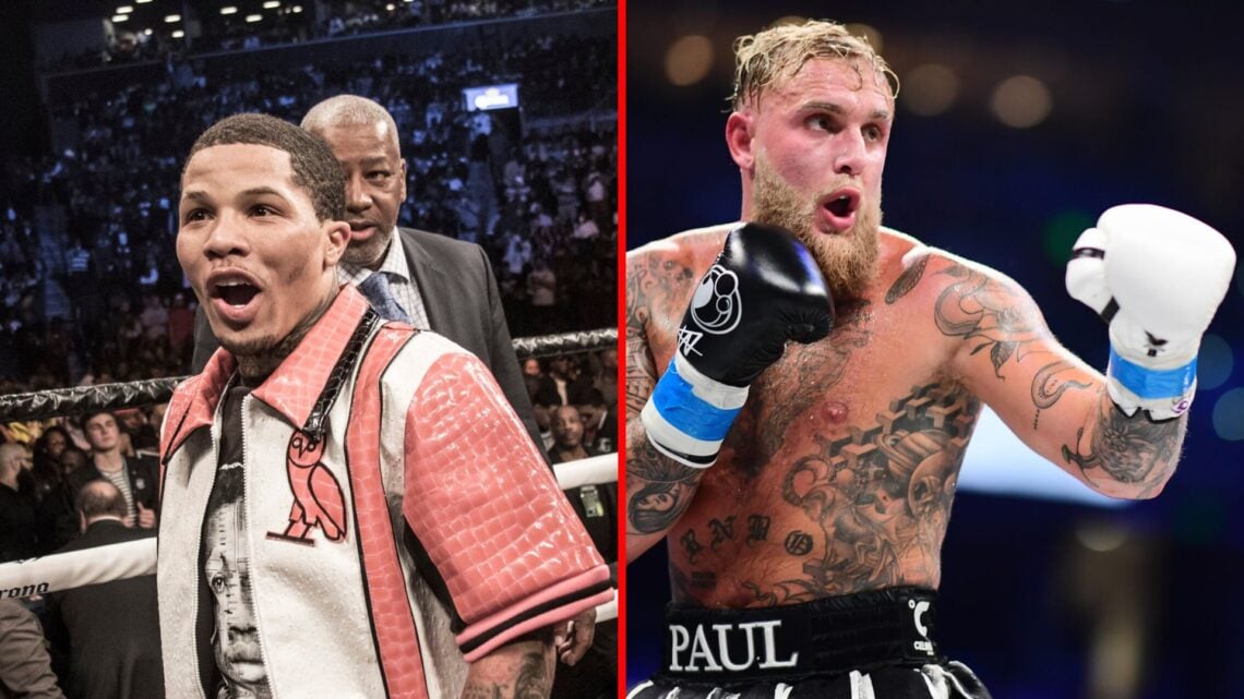 Split image of Gervonta Davis celebrating and Jake Paul boxing