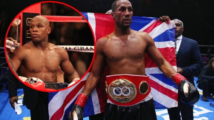 James De Gale after beating Andre Dirrell with inset of Floyd Mayweather in the corner