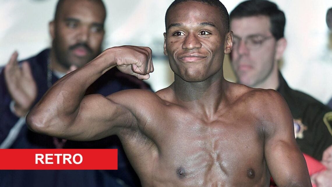 Floyd Mayweather during a weigh-in with retro label