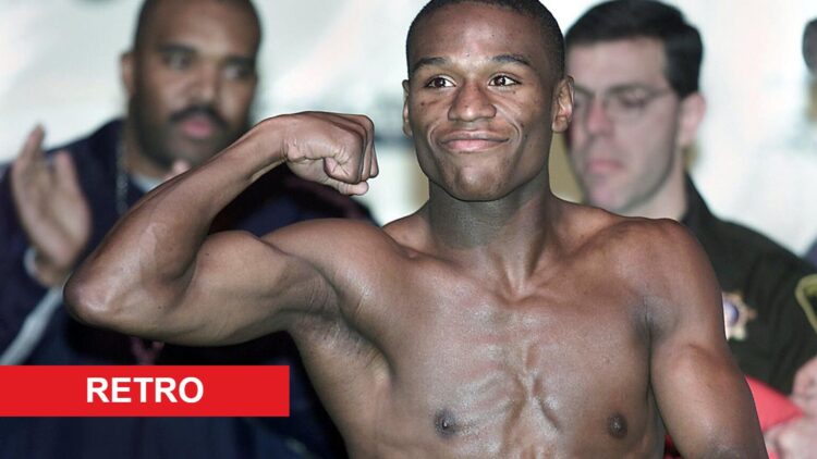 Floyd Mayweather during a weigh-in with retro label