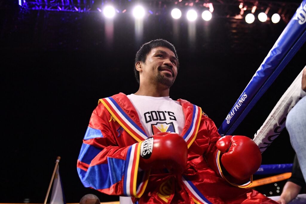 Manny Pacquiao enters the ring ahead of his fight with Yordenis Ugas in August, 2021