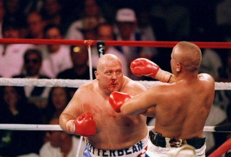 9 Sep 1995: Eric (Butterbean) Esch trades blows with Adam Sutton (right) during their fight in Las Vegas, Nevada. Esch won with a decision after fo...
