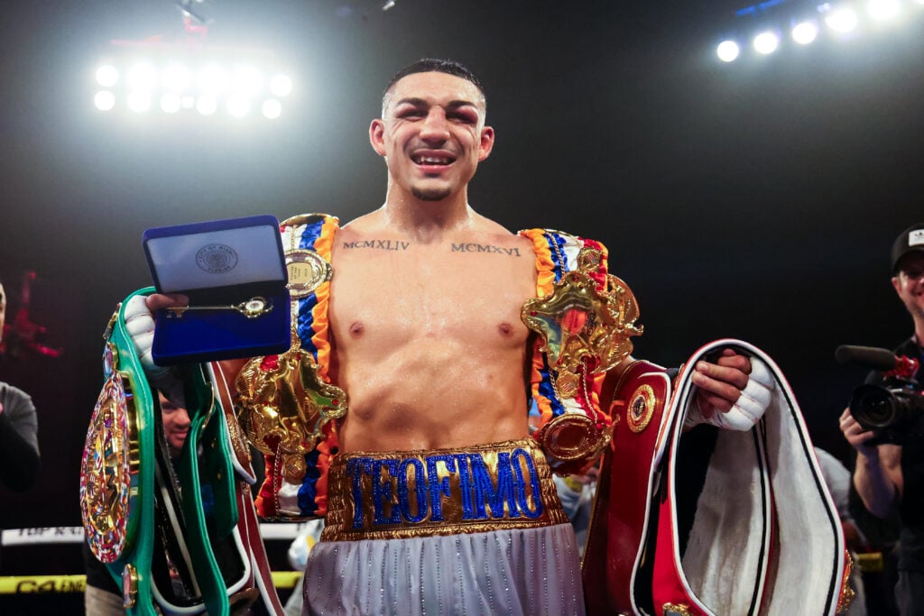 Teofimo Lopez celebrates defeating Steve Claggett