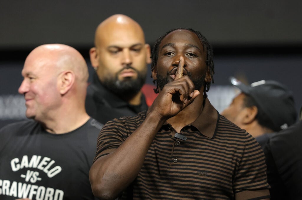 Terence Crawford gestures to the crowd after his pre-fight press conference ahead of his super middleweight title fight with Canelo Alvarez