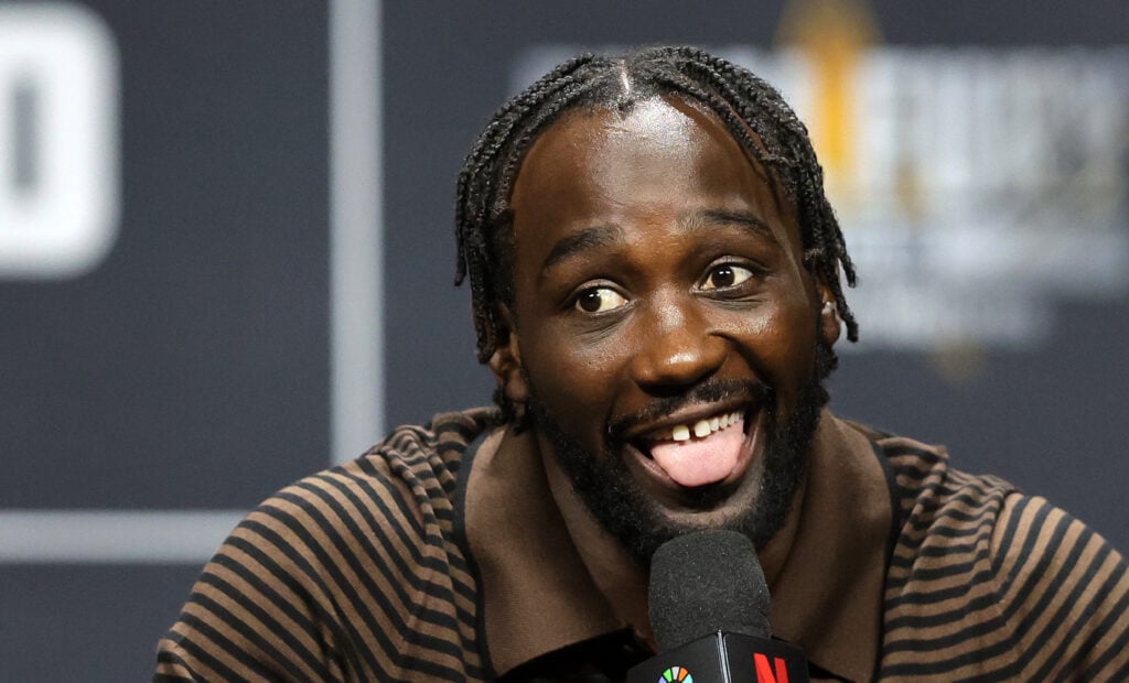 Terence Crawford makes a face during his pre-fight press conference for his fight with Canelo Alvarez in June, 2025
