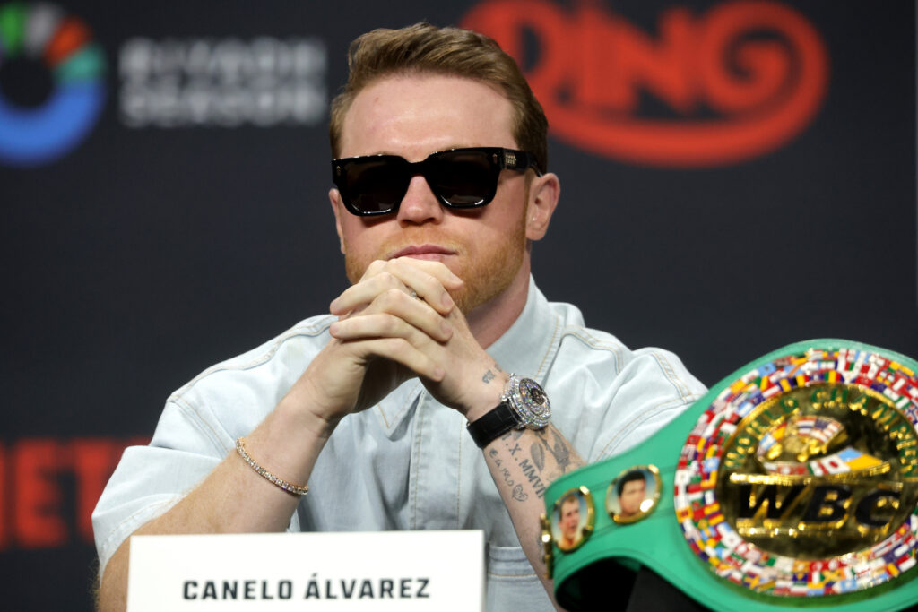Canelo Alvarez attends a pre-fight press conference for his fight with Terence Crawford in June, 2025