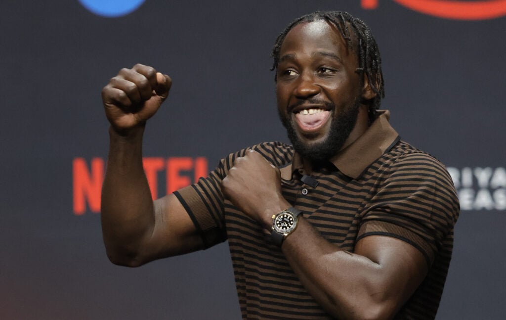 Terence Crawford arrives on stage for a pre-fight press conference ahead of his fight with Canelo Alvarez in June, 2025