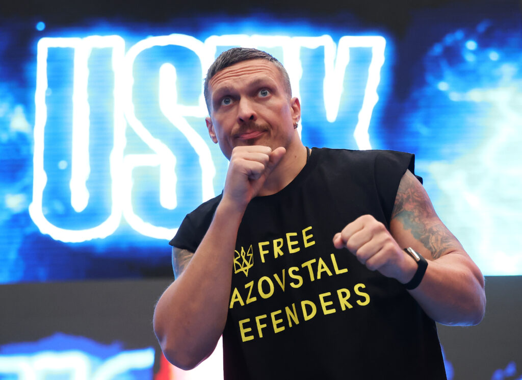 Oleksandr Usyk trains during the media workouts ahead of his undisputed heavyweight title fight with Daniel Dubois in July, 2025