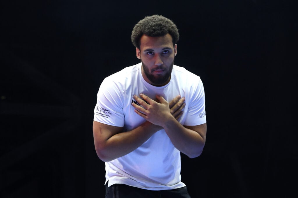 Moses Itauma attends the open workouts ahead of his fight with Dillian Whyte in Riyadh, Saudi Arabia