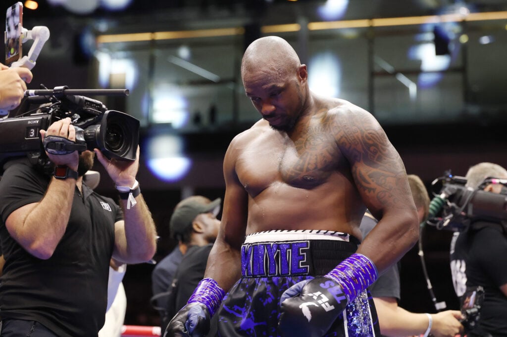 Dillian Whyte in the ring after his knockout loss to Moses Itauma in August, 2025