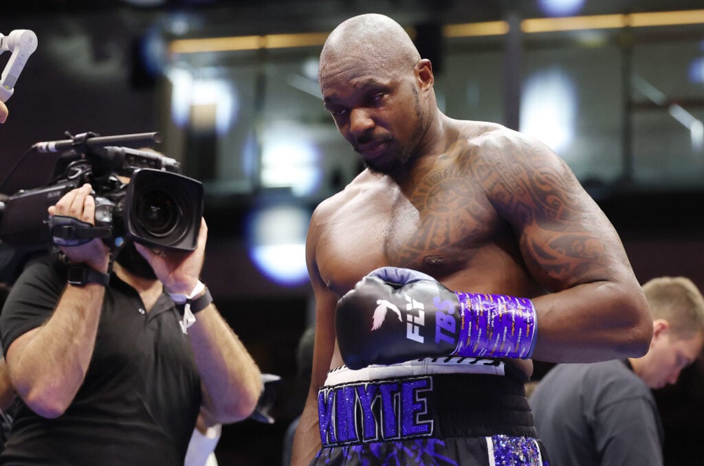Dillian Whyte hangs head as he exits ring following loss to Moses Itauma
