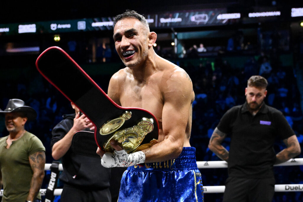 Tony Ferguson celebrates in the ring after his knockout win over Salt Papi at Misfits Boxing 22 in Manchester, England