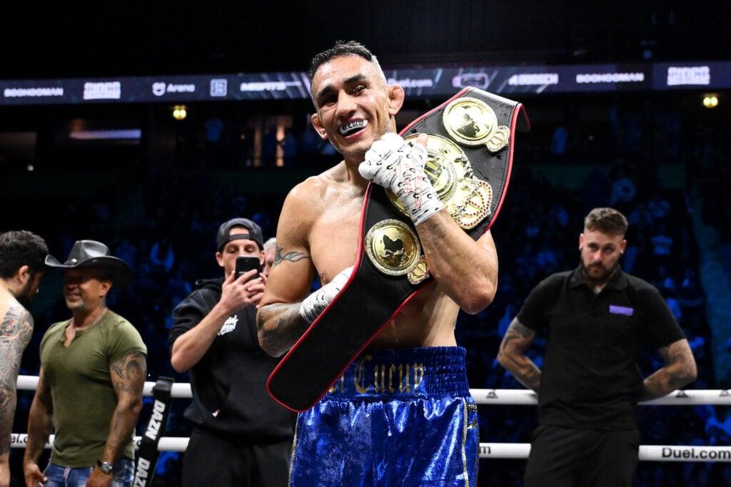 Tony Ferguson celebrates after his third round knockout win over Salt Papi at Misfits Boxing 22 in Manchester, England
