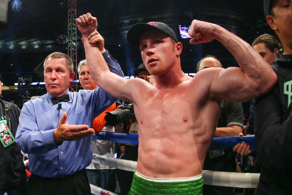 Canelo Alvarez celebrates in the ring after his knockout win over James Kirkland in May, 2015