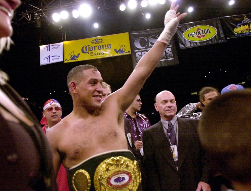 Hector Camacho celebrates after his win over Roberto Duran in their NBA super middleweight title fight